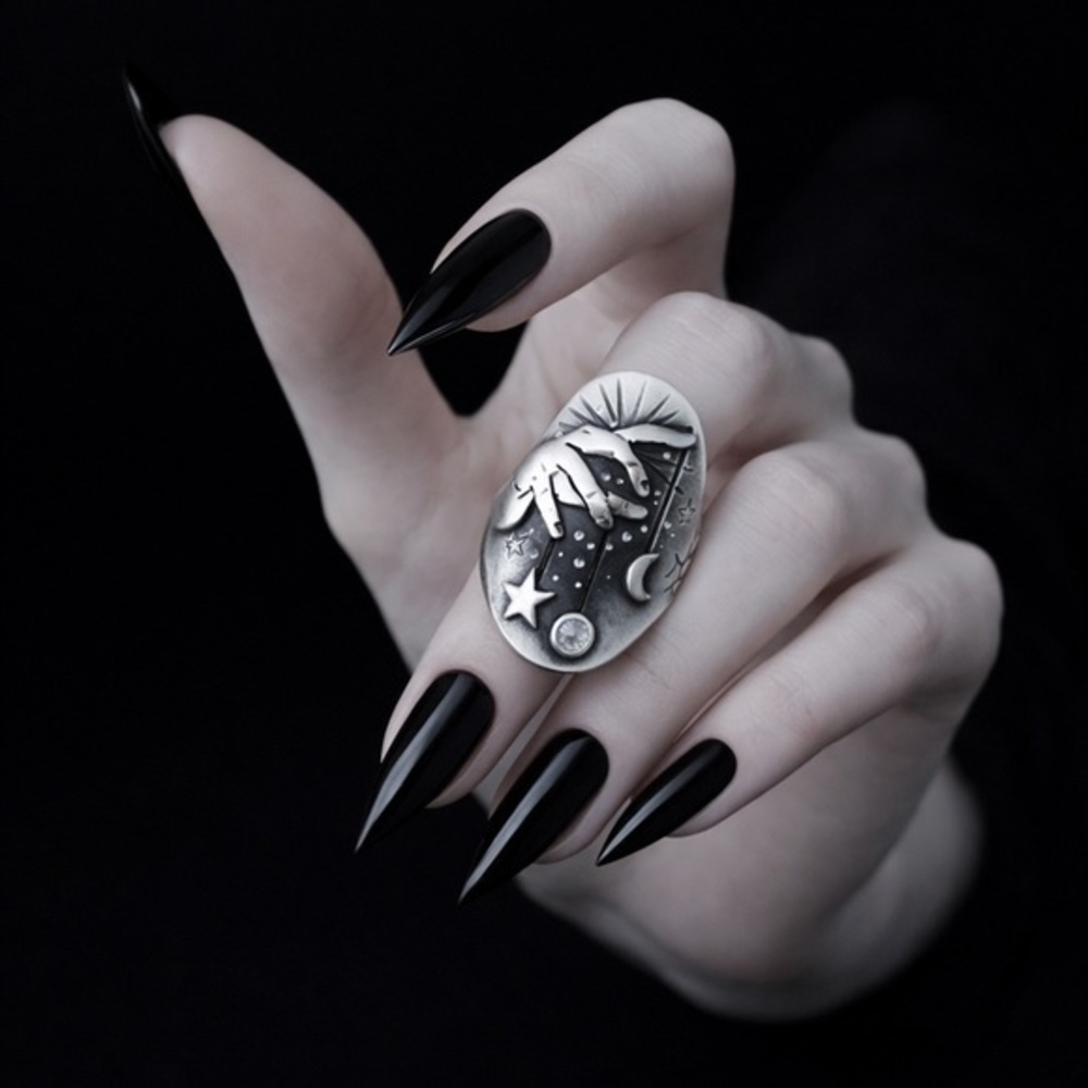 NEW Celestial Moon Star Faux Silver Statement Ring Sz 7 Witchy Gothic Grunge Alt